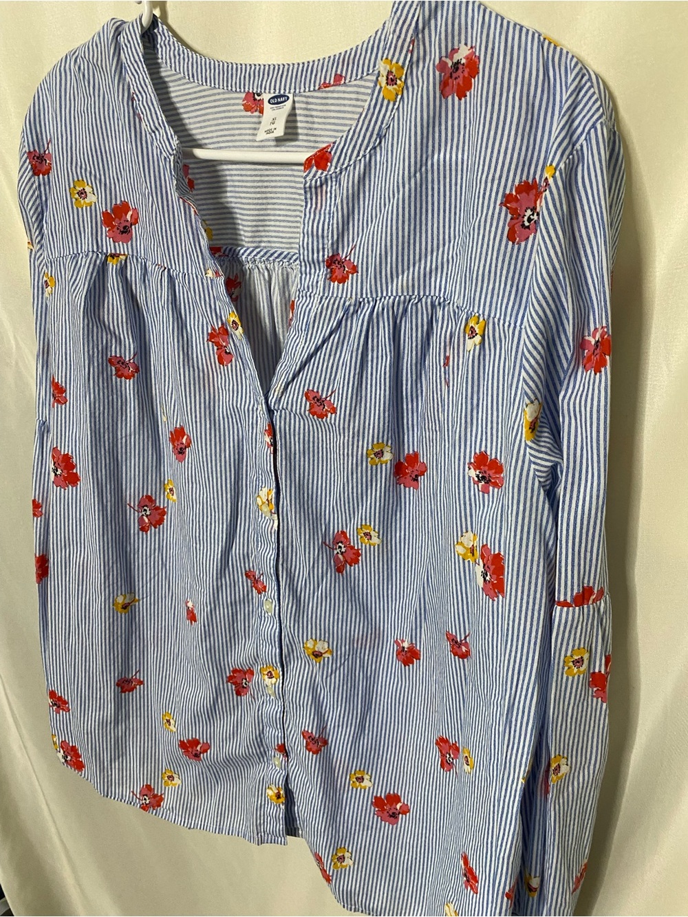Old Navy Relaxed Smocked Floral Striped Button-Front Cotton Shirt - Picture 6 of 10
